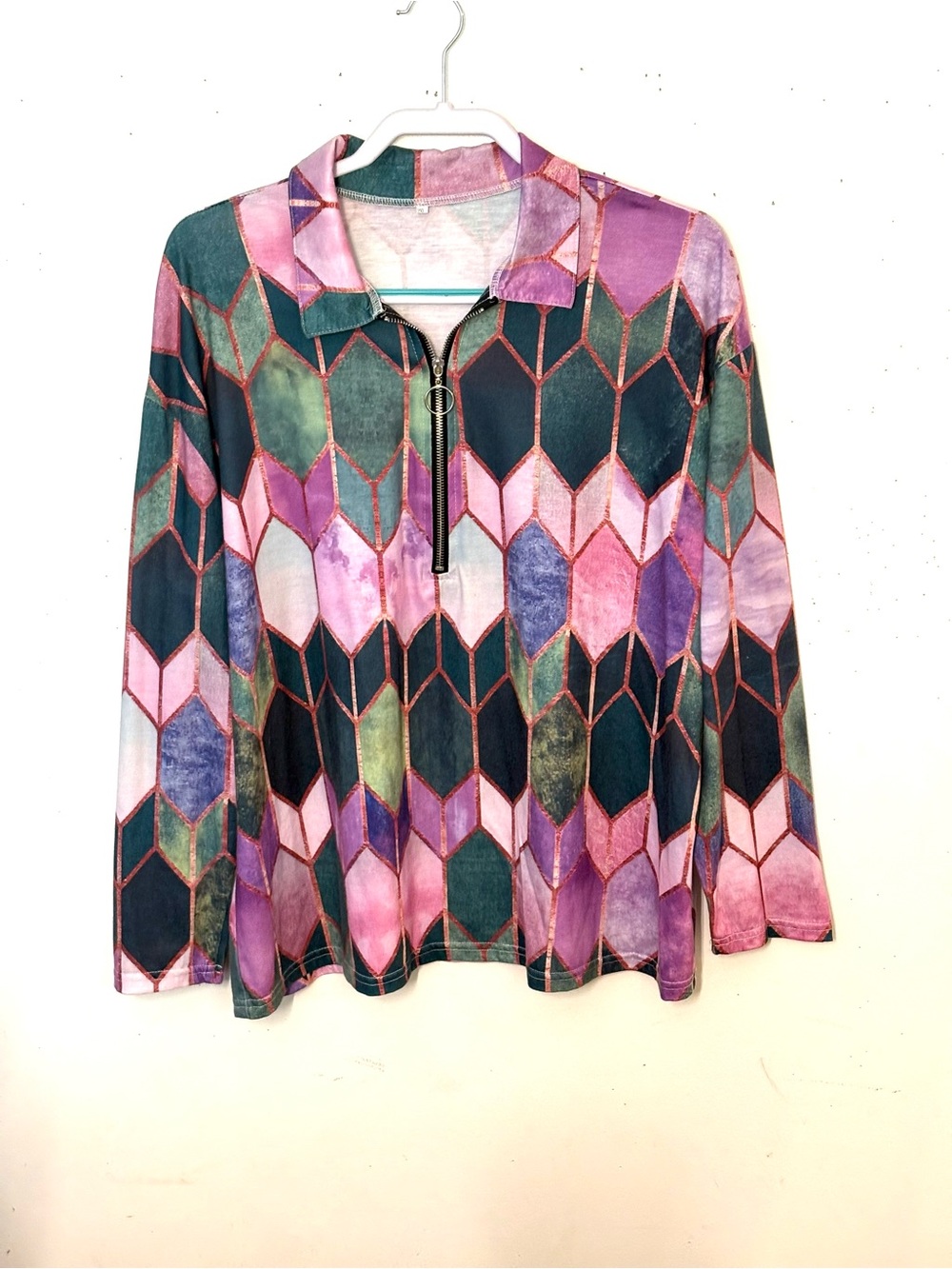 Women's Geometric 1/3 Zip-Front Blouse - Pink & Green. Size 2X. EUC.